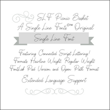 Load image into Gallery viewer, slf picnic basket single line font for cricut silhouette cameo solo brother scan n cut glowforge frames sign making cardmaking and foil quill